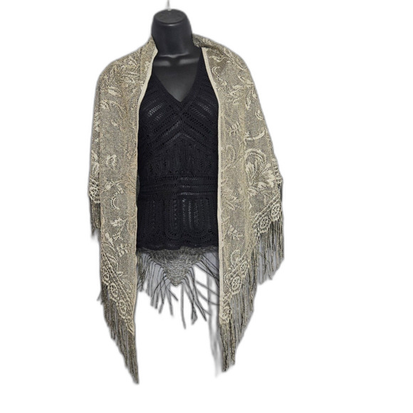 Cejon Witchy Shawl Lacy Fringe Black and Gold Formal Evening Scarf Romantic - Picture 6 of 7
